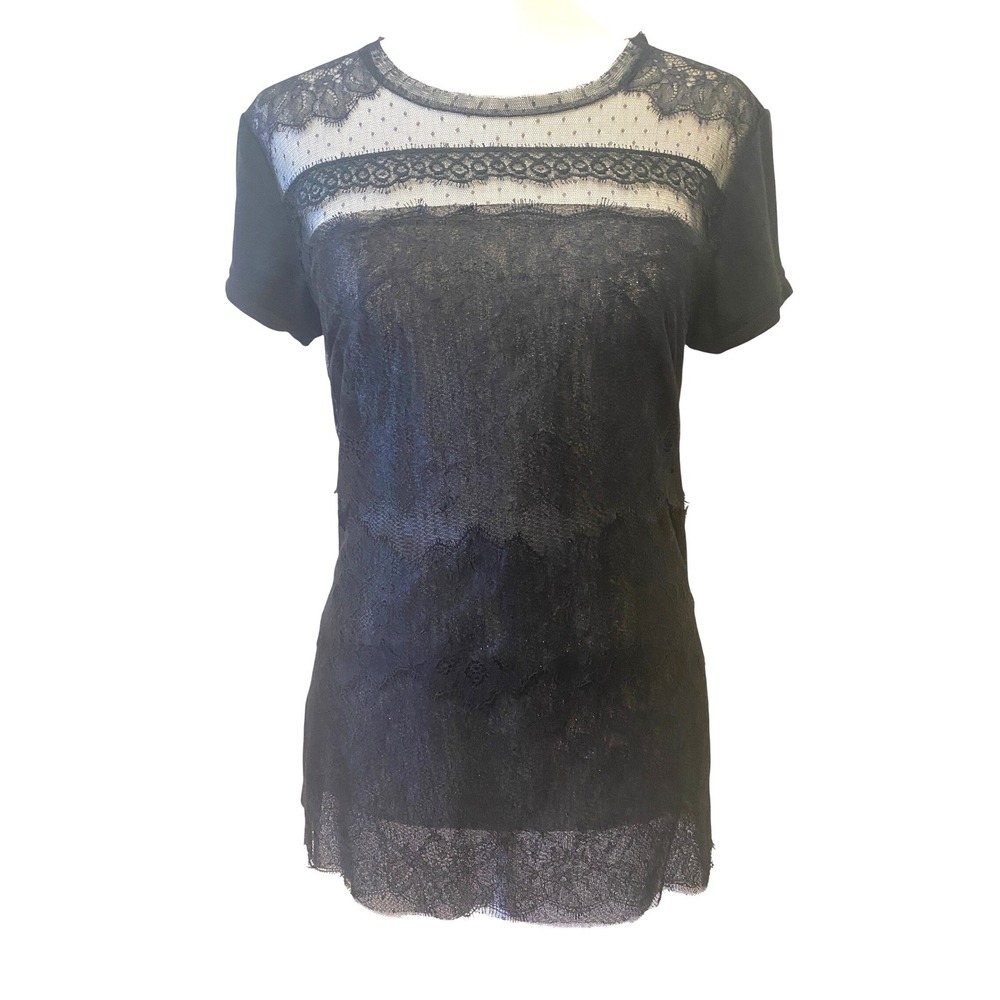 BCBGMAXAZRIA Top Sz XS Black Lace Mesh Goth Vamp Sheer Layered Front Modal Back